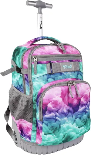 Tilami Rolling Backpack, 18 inch Shoulder Drop, Concealed Pockets and Wheel Cover, Laptop Backpack for Boys and Girls, Clouds Green