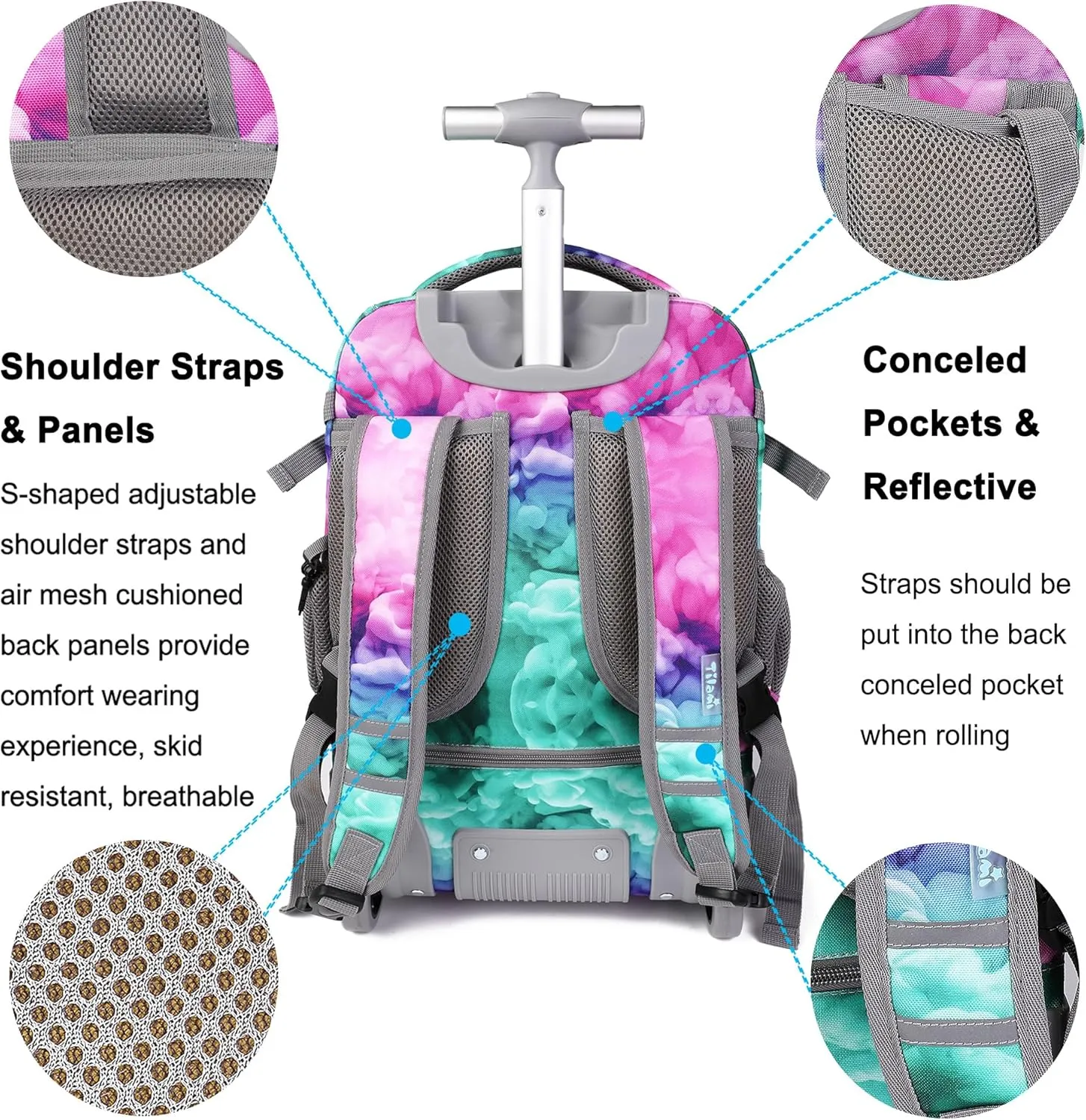 Tilami Rolling Backpack, 18 inch Shoulder Drop, Concealed Pockets and Wheel Cover, Laptop Backpack for Boys and Girls, Clouds Green