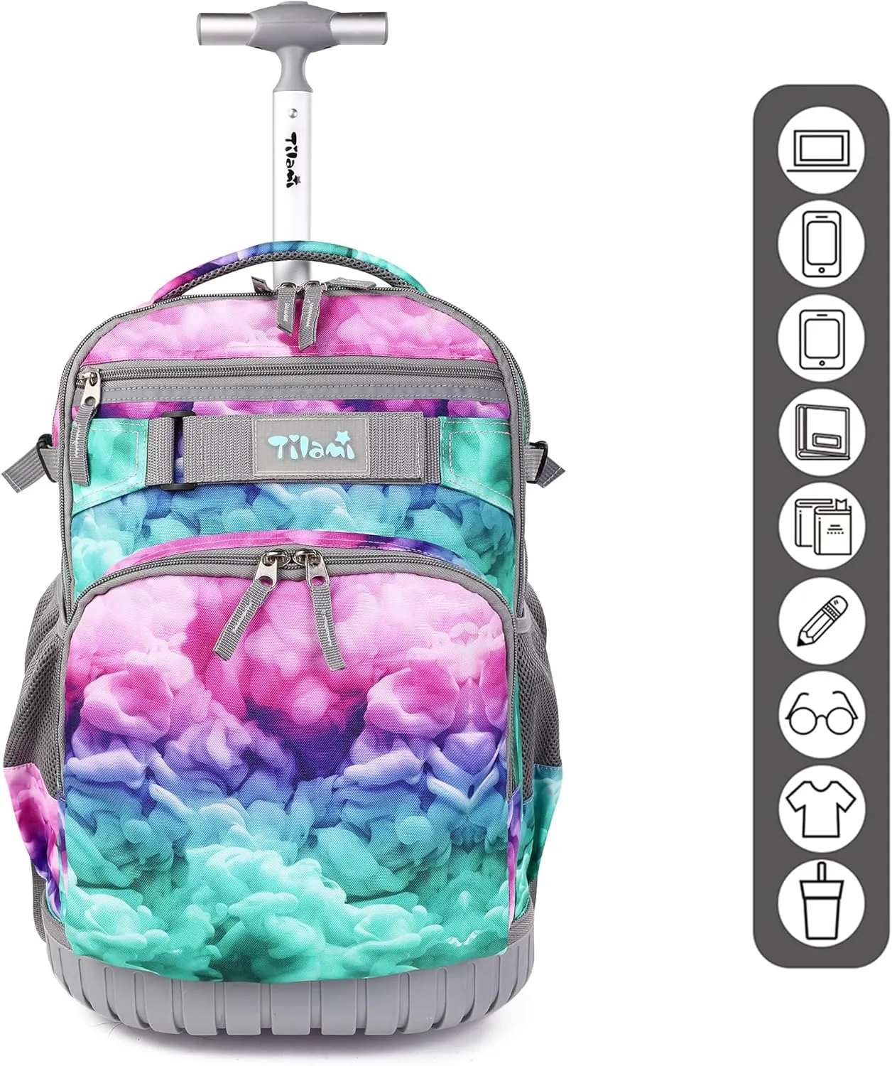 Tilami Rolling Backpack, 18 inch Shoulder Drop, Concealed Pockets and Wheel Cover, Laptop Backpack for Boys and Girls, Clouds Green