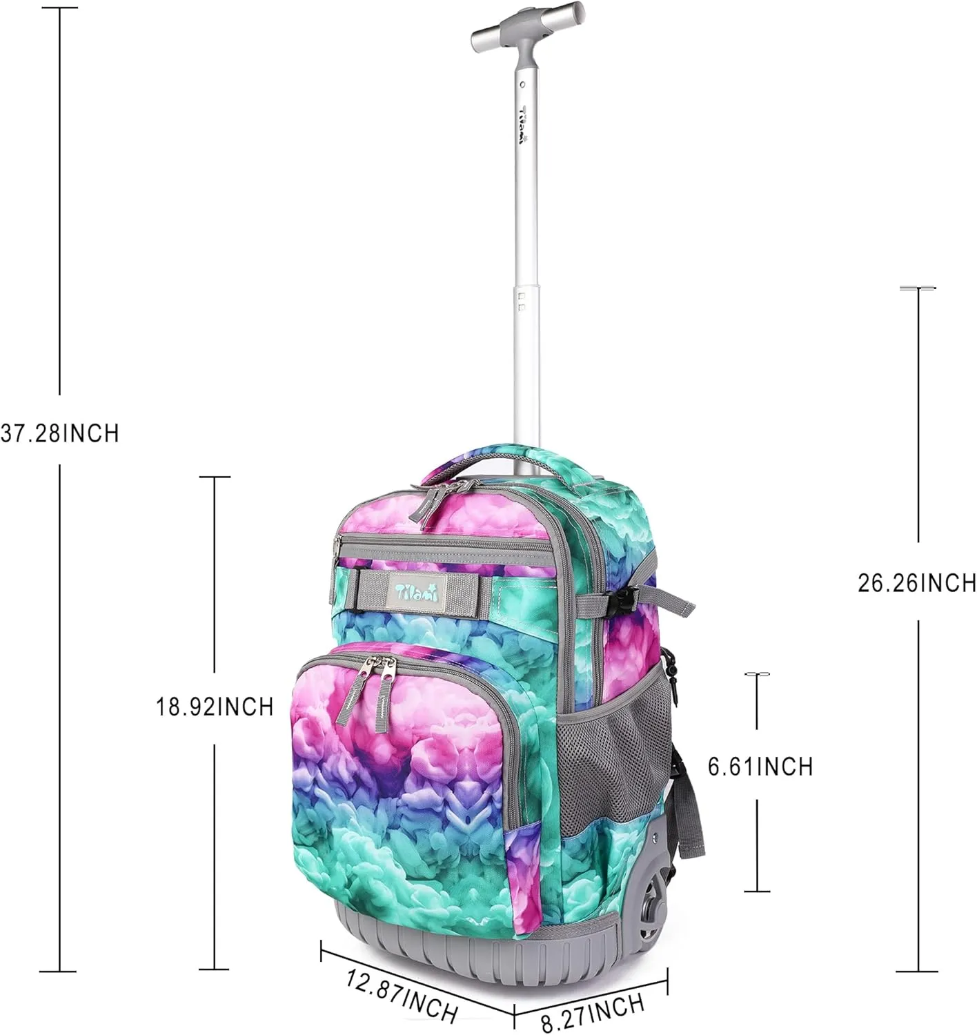 Tilami Rolling Backpack, 18 inch Shoulder Drop, Concealed Pockets and Wheel Cover, Laptop Backpack for Boys and Girls, Clouds Green