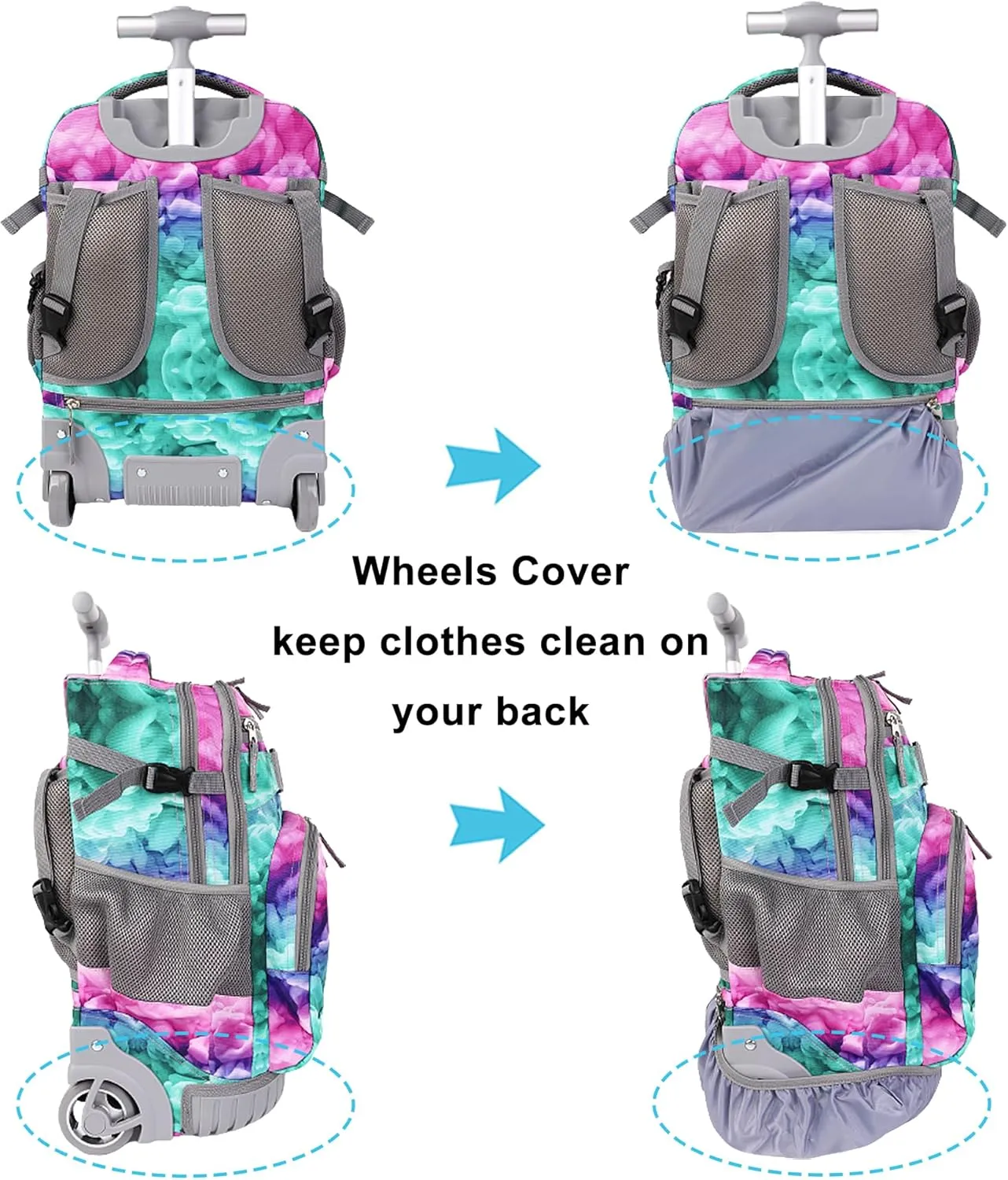 Tilami Rolling Backpack, 18 inch Shoulder Drop, Concealed Pockets and Wheel Cover, Laptop Backpack for Boys and Girls, Clouds Green