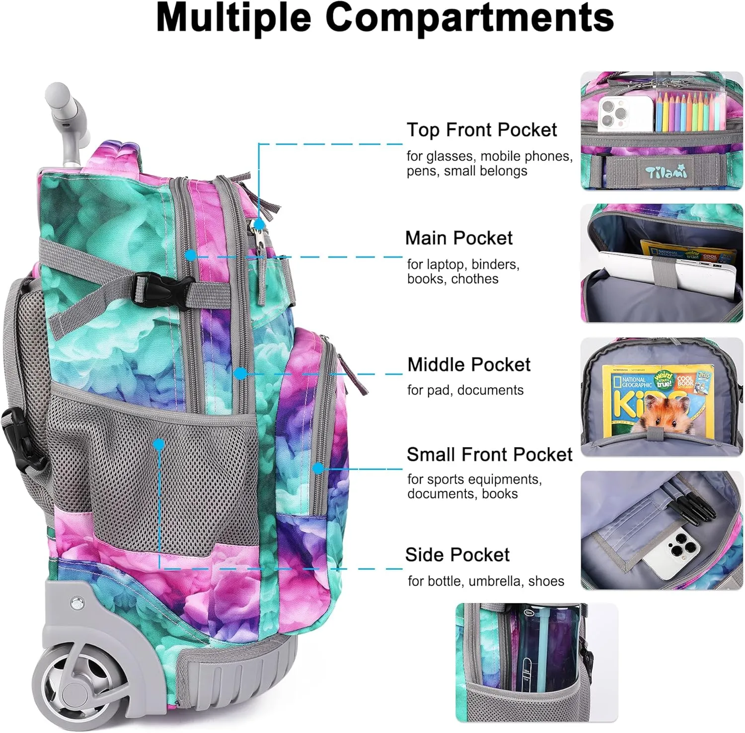 Tilami Rolling Backpack, 18 inch Shoulder Drop, Concealed Pockets and Wheel Cover, Laptop Backpack for Boys and Girls, Clouds Green