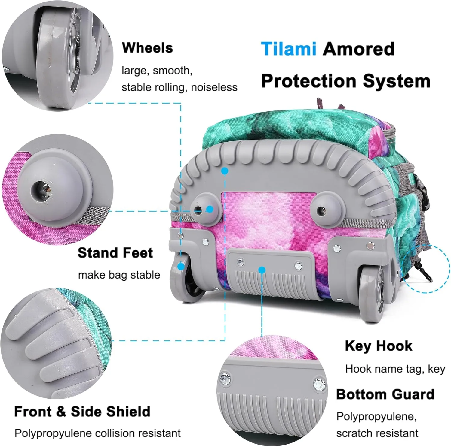 Tilami Rolling Backpack, 18 inch Shoulder Drop, Concealed Pockets and Wheel Cover, Laptop Backpack for Boys and Girls, Clouds Green