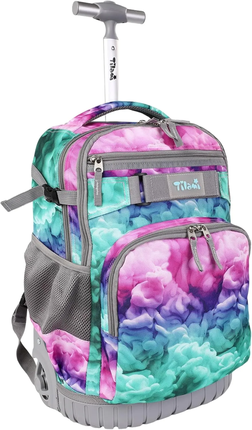Tilami Rolling Backpack, 18 inch Shoulder Drop, Concealed Pockets and Wheel Cover, Laptop Backpack for Boys and Girls, Clouds Green