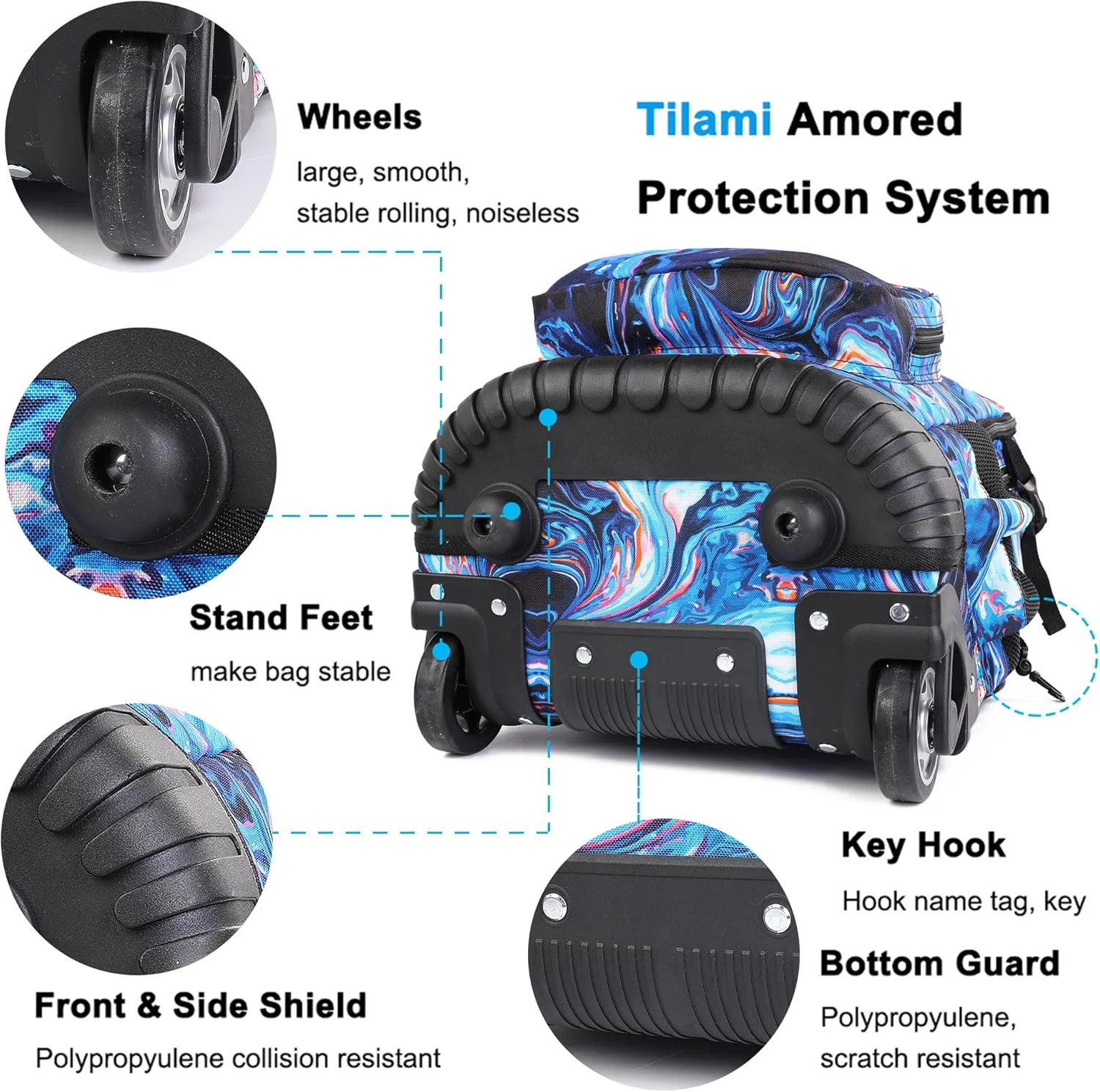 Tilami Rolling Backpack, 18 inch Shoulder Drop, Concealed Pockets and Wheel Cover, Laptop Backpack for Boys and Girls, Painting Blue