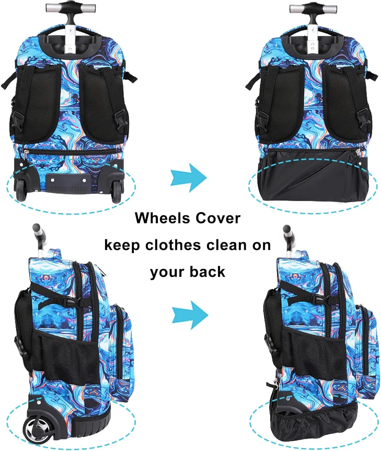 Tilami Rolling Backpack, 18 inch Shoulder Drop, Concealed Pockets and Wheel Cover, Laptop Backpack for Boys and Girls, Painting Blue