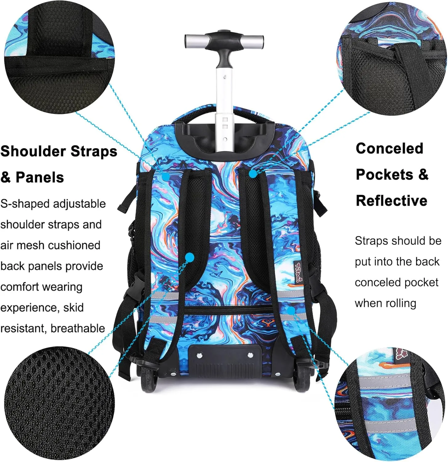Tilami Rolling Backpack, 18 inch Shoulder Drop, Concealed Pockets and Wheel Cover, Laptop Backpack for Boys and Girls, Painting Blue