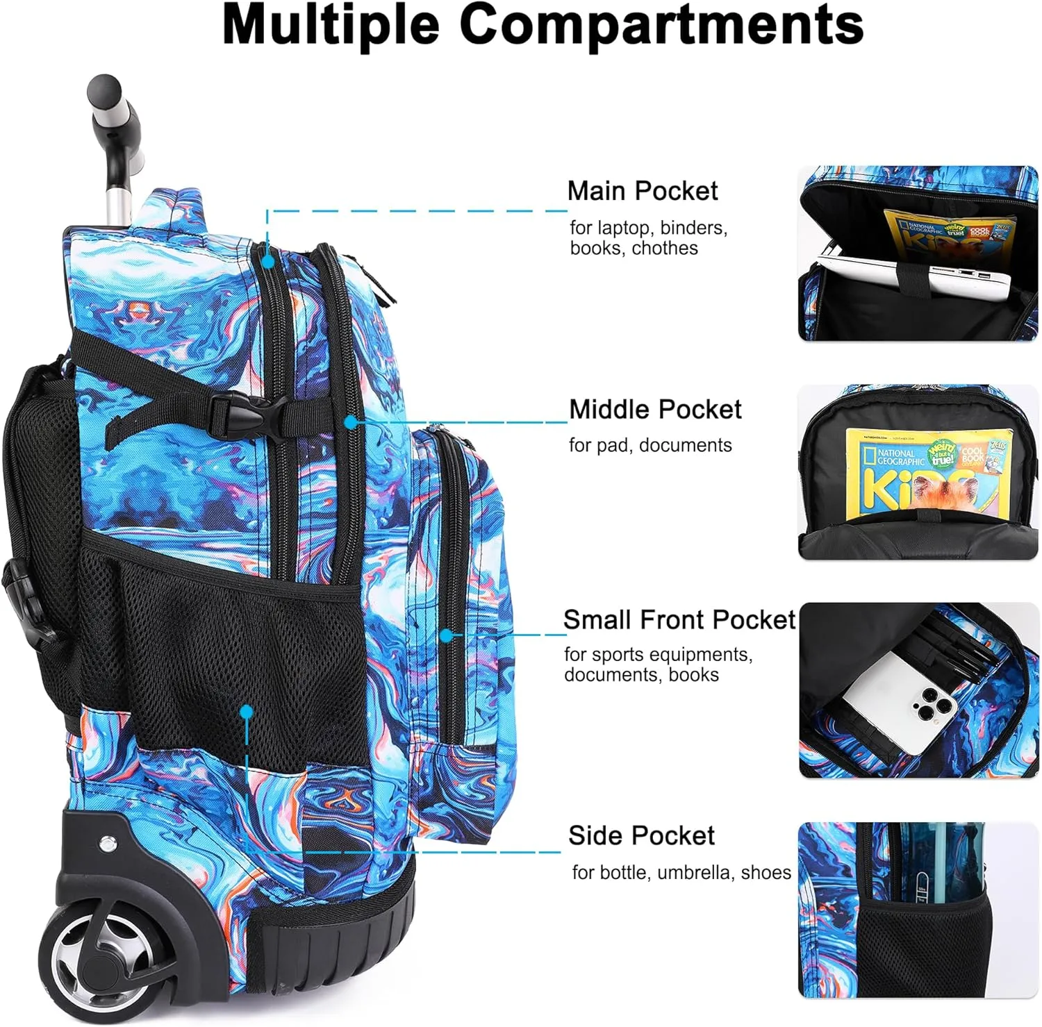 Tilami Rolling Backpack, 18 inch Shoulder Drop, Concealed Pockets and Wheel Cover, Laptop Backpack for Boys and Girls, Painting Blue
