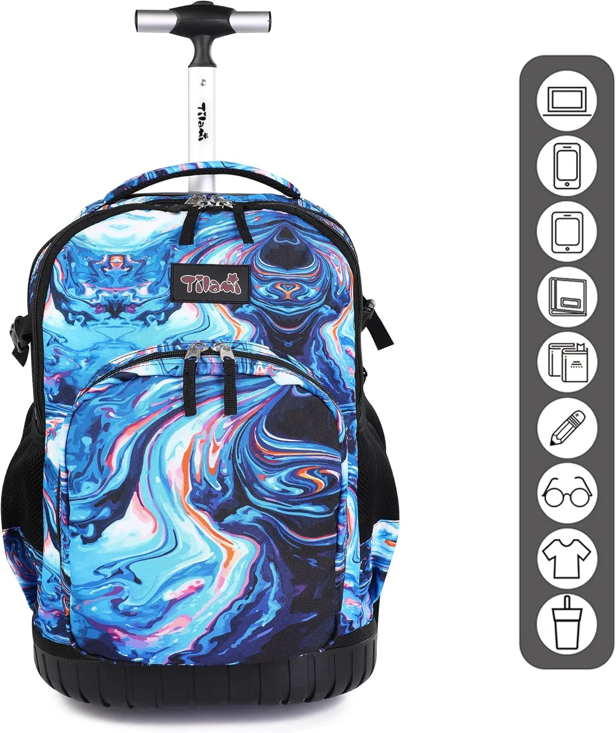 Tilami Rolling Backpack, 18 inch Shoulder Drop, Concealed Pockets and Wheel Cover, Laptop Backpack for Boys and Girls, Painting Blue