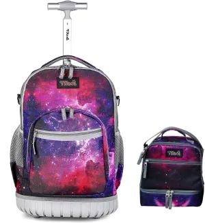 Tilami Rolling Backpack 19 inch with Lunch Bag Wheeled Laptop Backpack, Deep Red Galaxy