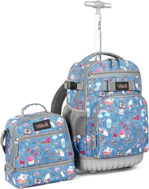 Tilami Rolling Backpack 21 inch with Lunch Bag Wheeled Laptop Backpack, Blue Jeans