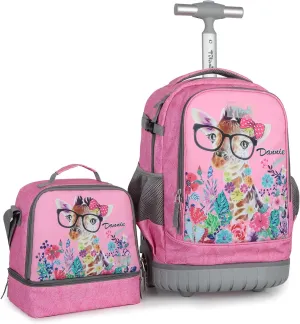Tilami Rolling Backpack & Lunch bag for Kids 19 Inch Wheeled Bookbag for Boys & Girls for School & Travel,Giraffe pink