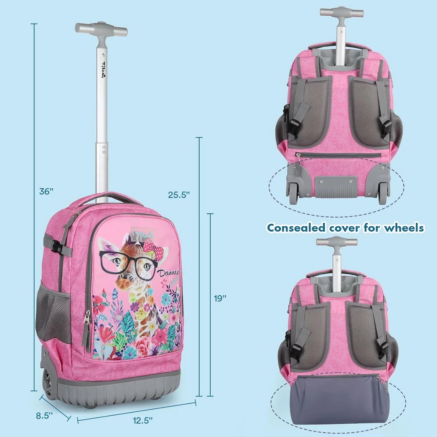 Tilami Rolling Backpack & Lunch bag for Kids 19 Inch Wheeled Bookbag for Boys & Girls for School & Travel,Giraffe pink