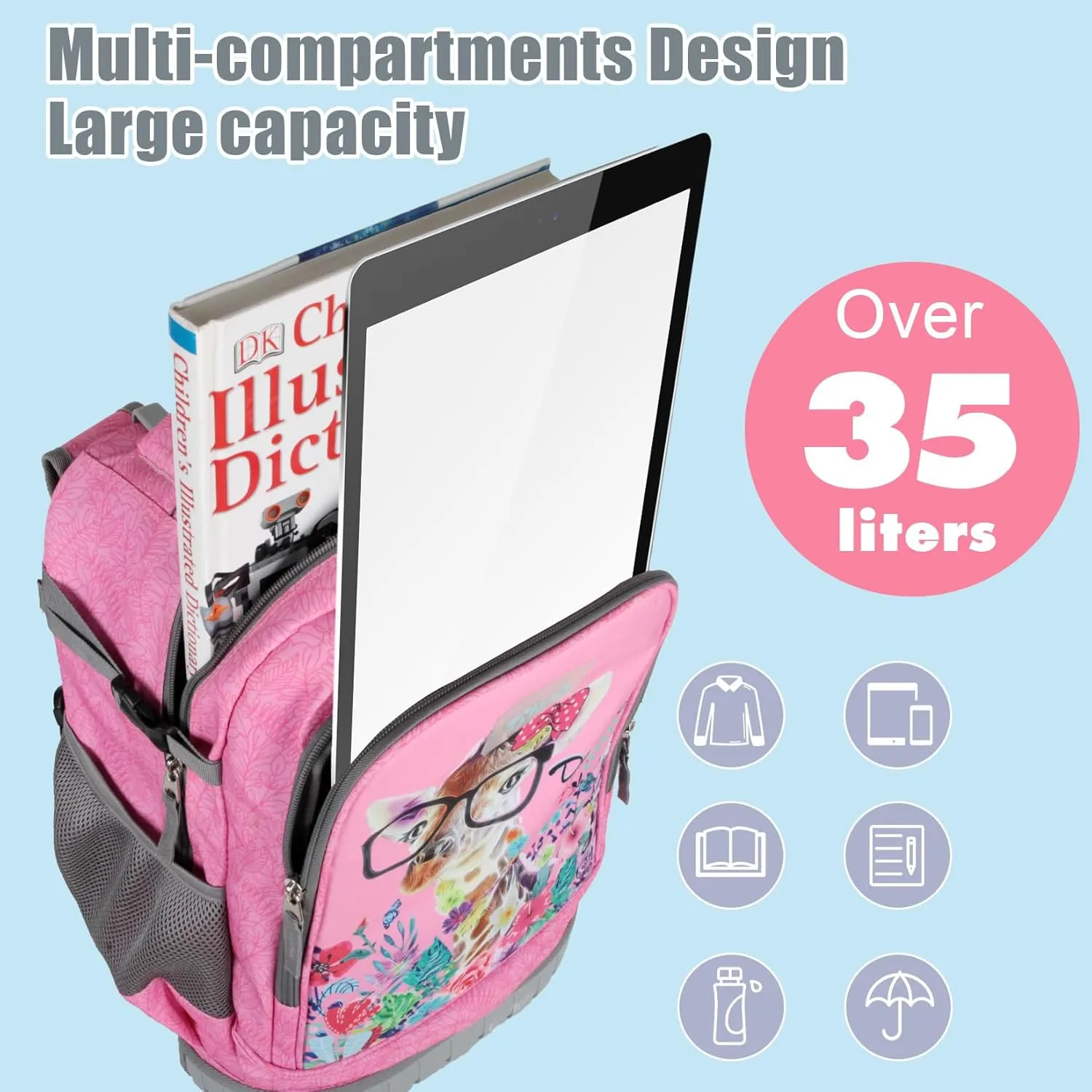 Tilami Rolling Backpack & Lunch bag for Kids 19 Inch Wheeled Bookbag for Boys & Girls for School & Travel,Giraffe pink