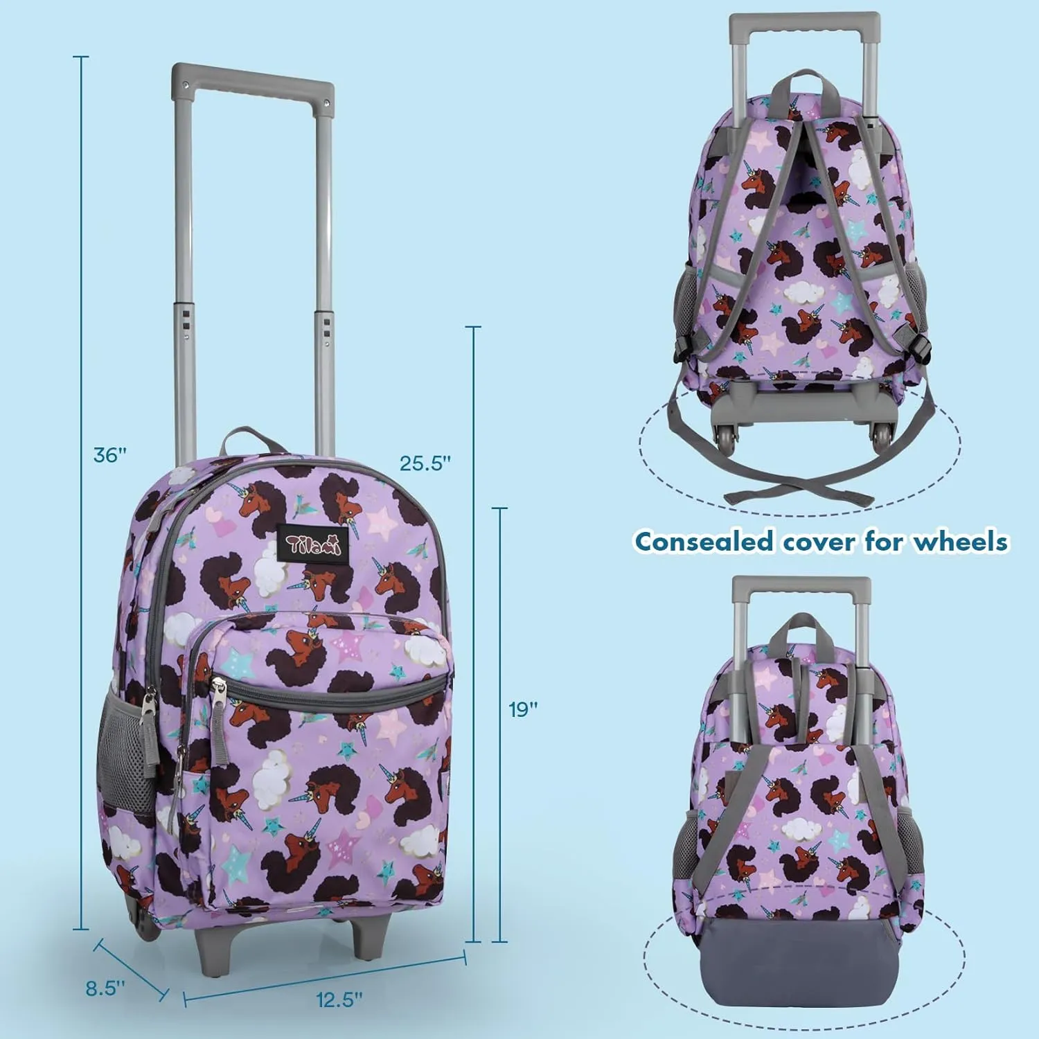 Tilami Rolling Backpack for Kids 18 Inch Double Handle Wheeled Bookbag for Boys & Girls for School & Travel,Brown unicorn