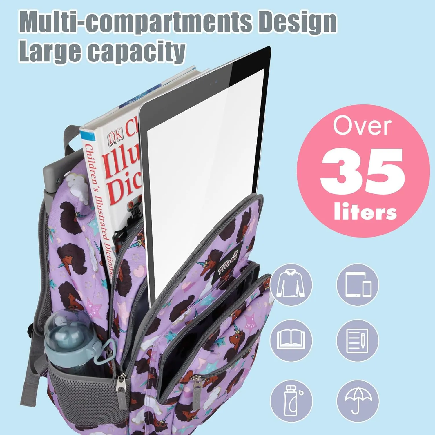 Tilami Rolling Backpack for Kids 18 Inch Double Handle Wheeled Bookbag for Boys & Girls for School & Travel,Brown unicorn