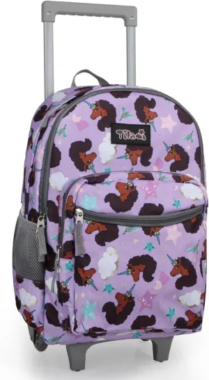 Tilami Rolling Backpack for Kids 18 Inch Double Handle Wheeled Bookbag for Boys & Girls for School & Travel,Brown unicorn