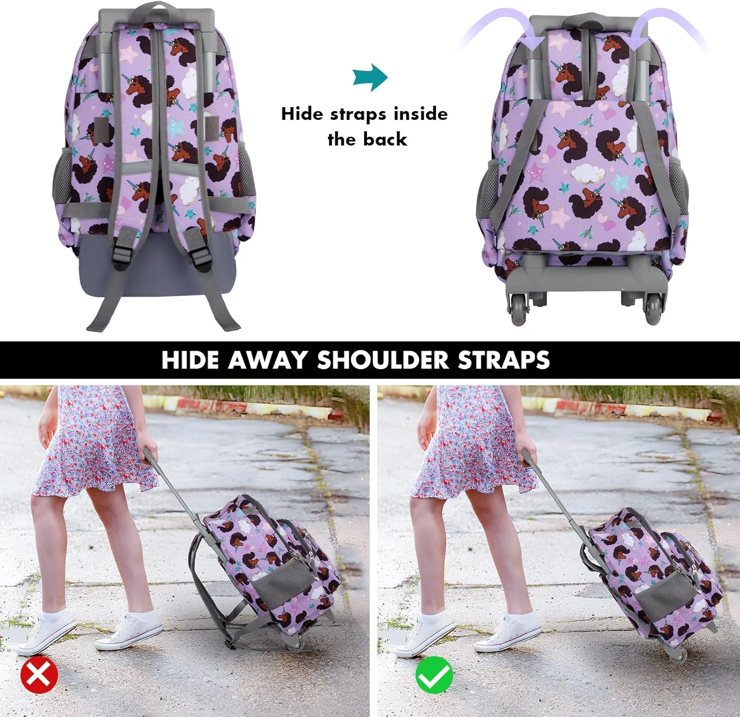 Tilami Rolling Backpack for Kids 18 Inch Double Handle Wheeled Bookbag for Boys & Girls for School & Travel,Brown unicorn