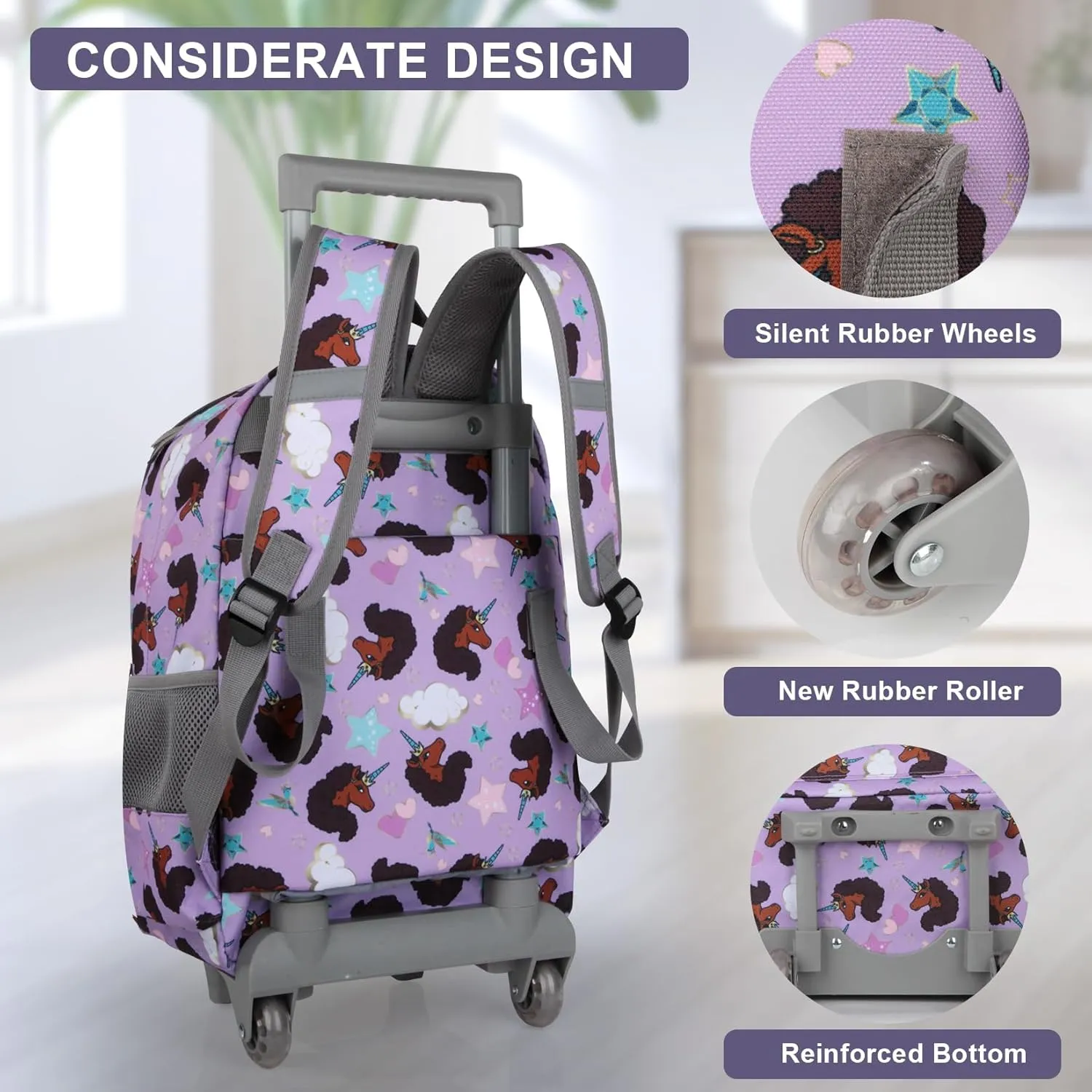 Tilami Rolling Backpack for Kids 18 Inch Double Handle Wheeled Bookbag for Boys & Girls for School & Travel,Brown unicorn