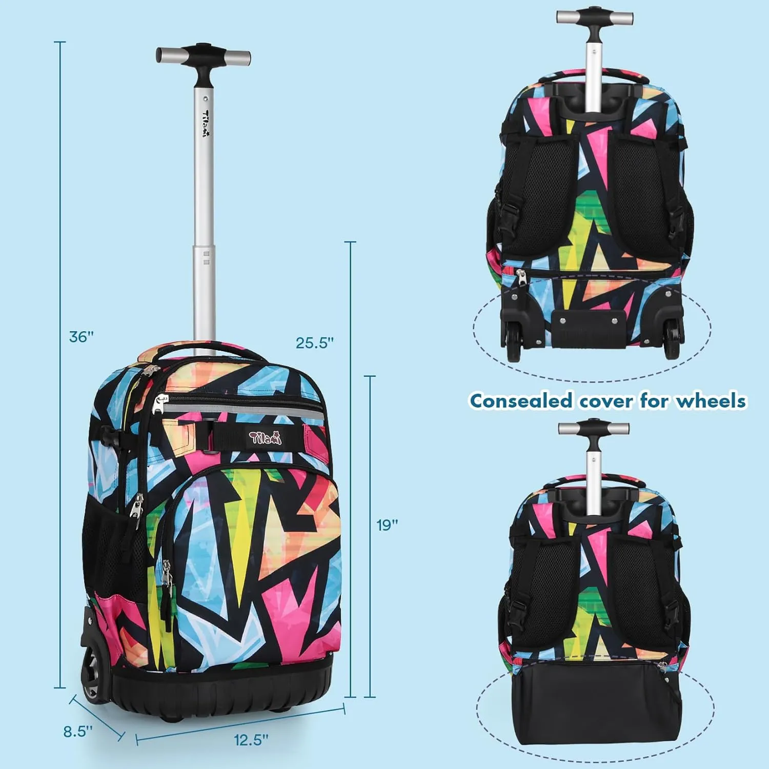 Tilami Rolling Backpack for Kids 18 Inch Wheeled Bookbag for Boys & Girls for School & Travel,Colorful blue