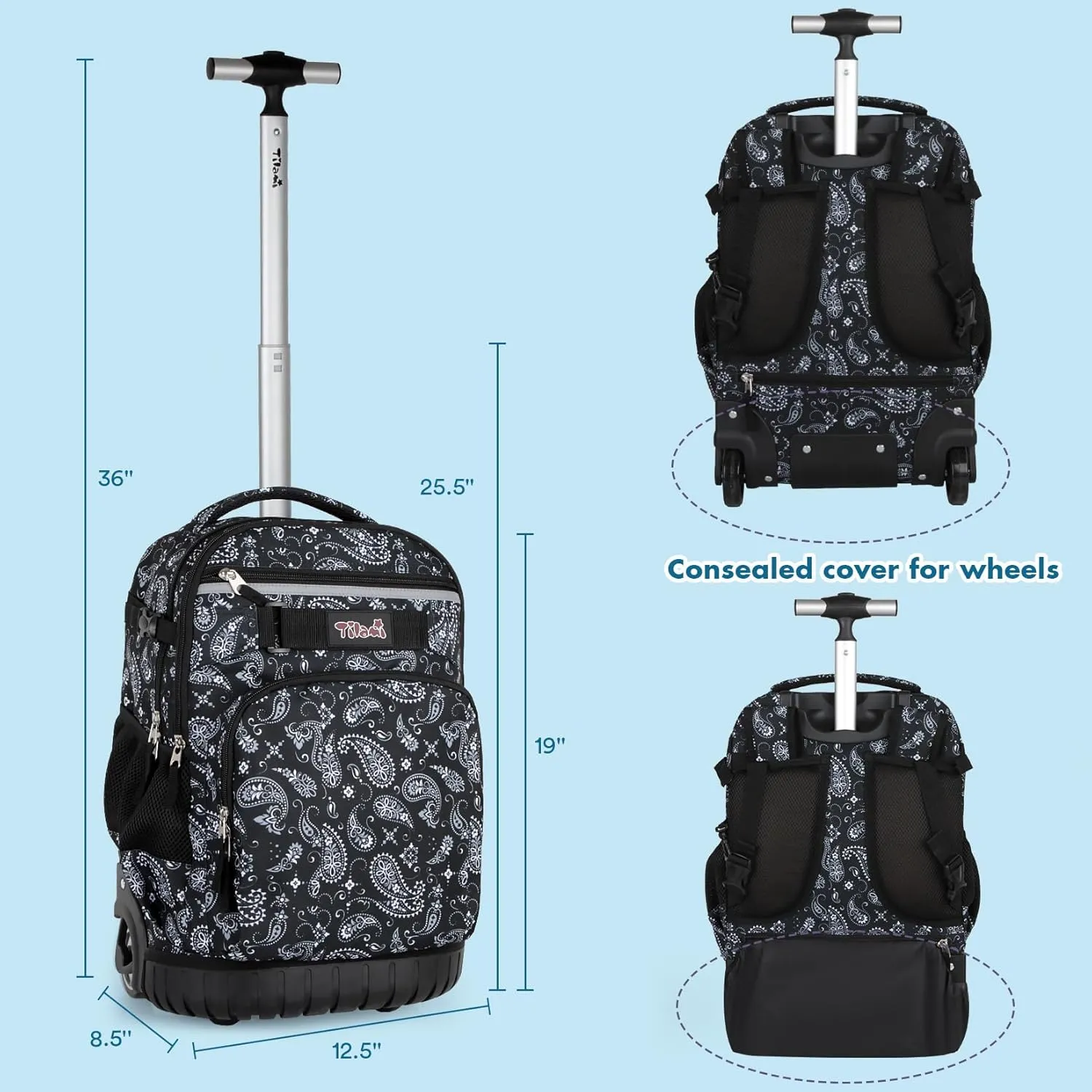 Tilami Rolling Backpack for Kids 18 Inch Wheeled Bookbag for Boys & Girls for School & Travel,Diamonds