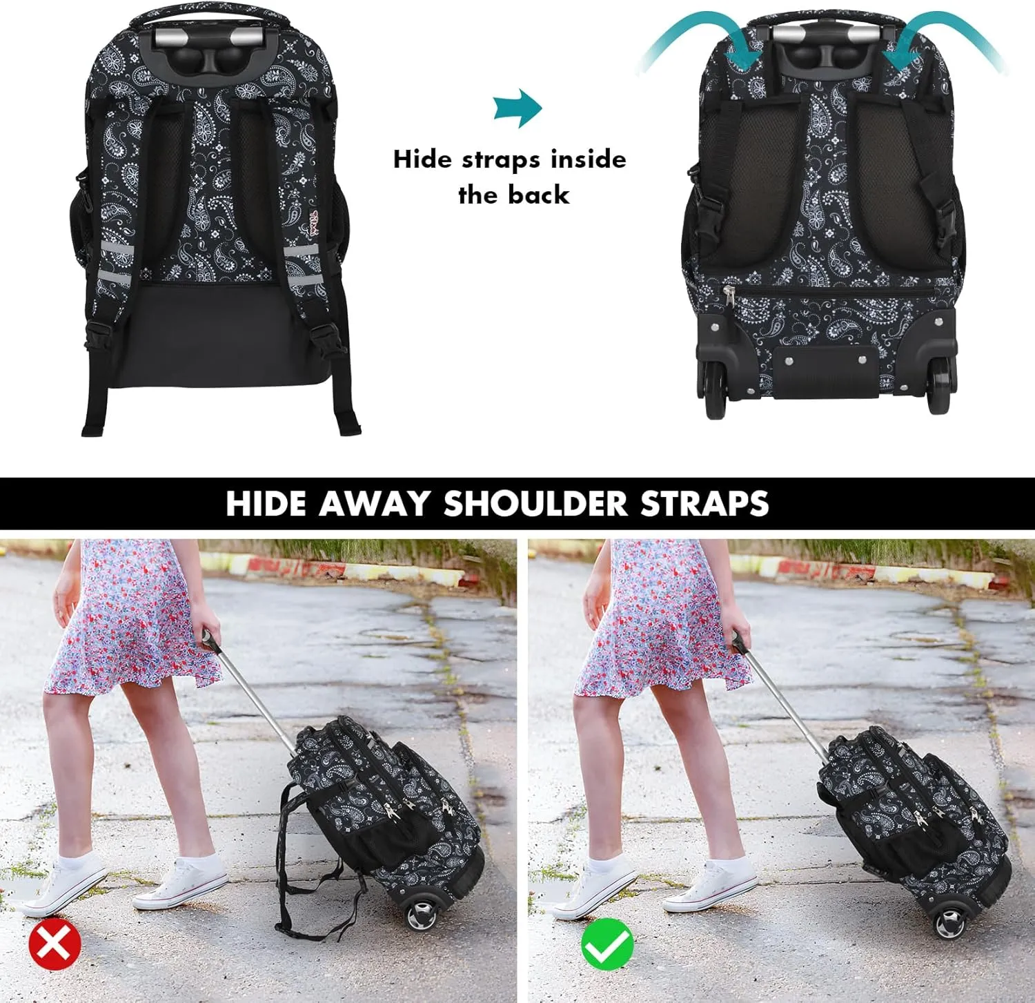 Tilami Rolling Backpack for Kids 18 Inch Wheeled Bookbag for Boys & Girls for School & Travel,Diamonds
