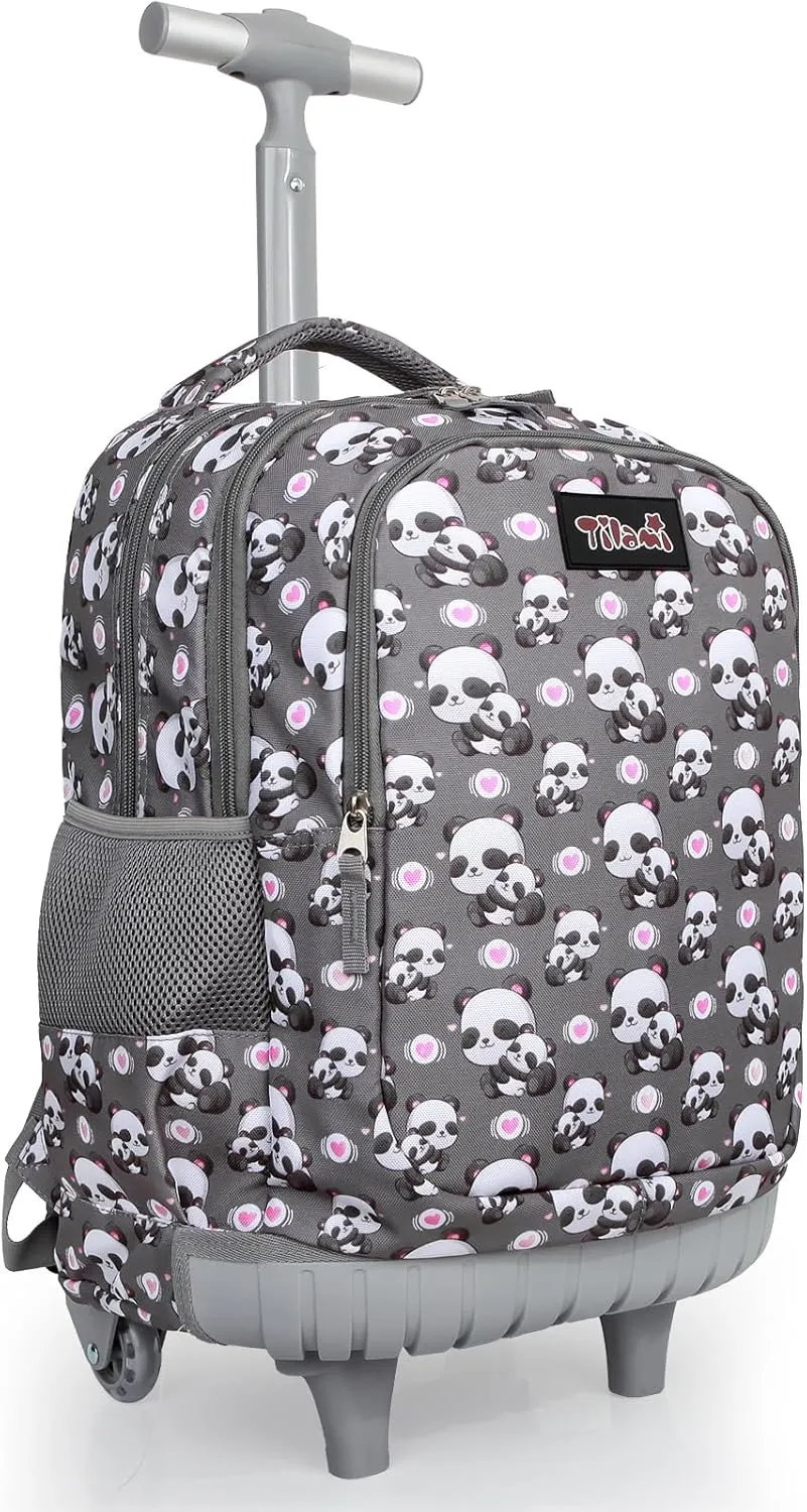 Tilami Rolling Backpack for Kids 18 Inch Wheeled Bookbag for Boys & Girls for School & Travel,Panda