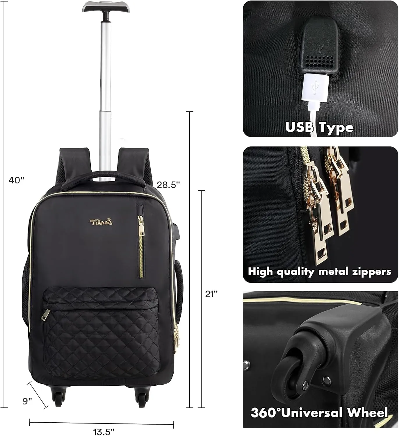 Tilami Rolling Backpack for Women, Carry on Laptop Backpacks with Wheels, 40L Roller Backpack for Travel,Black