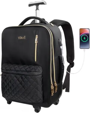 Tilami Rolling Backpack for Women, Carry on Laptop Backpacks with Wheels, 40L Roller Backpack for Travel,Black