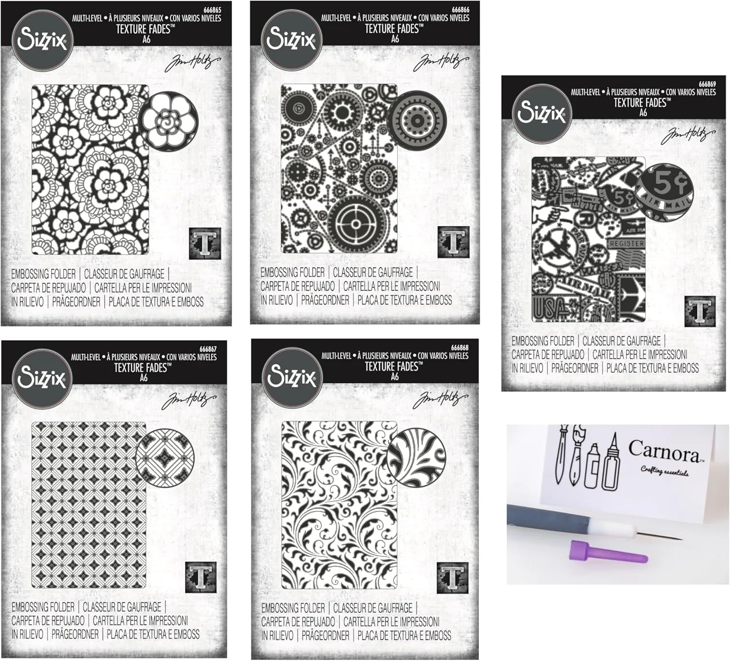 Tim Holtz Sizzix Texture Fades Embossing Folders Set, Lace, Gears, Diamonds, Flourish, Airmail Patterns, A6 Size, March 2025 Release, Carnora Die Tool