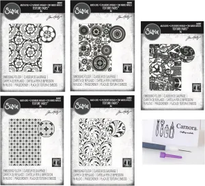 Tim Holtz Sizzix Texture Fades Embossing Folders Set, Lace, Gears, Diamonds, Flourish, Airmail Patterns, A6 Size, March 2025 Release, Carnora Die Tool