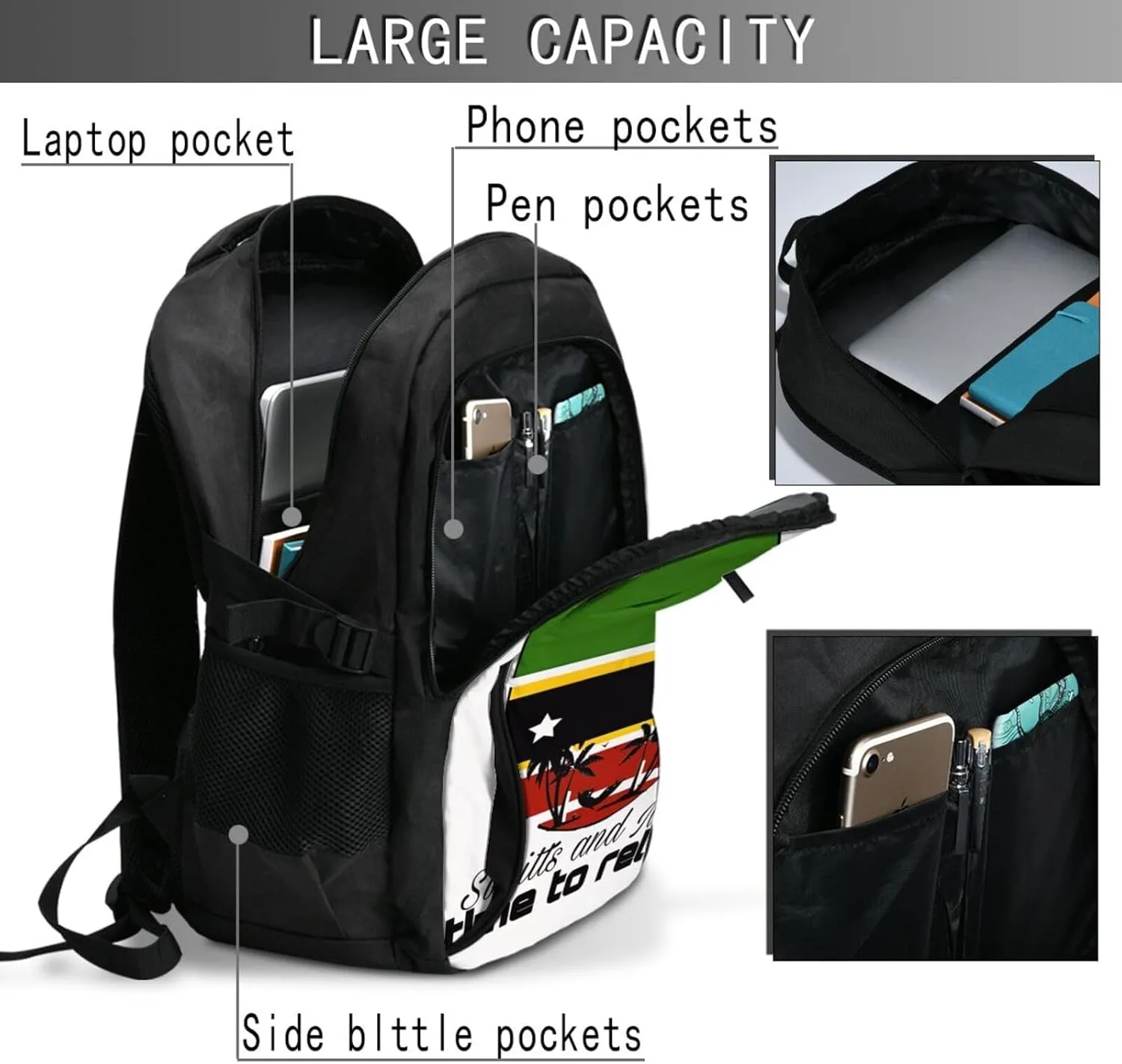 Time to relax in Saint Kitts Flag Business Laptop Backpack Travel Backpacks Outdoor Rucksack Large Bag Daypack with USB Charging Port Multi-Pocket for Hiking Camping