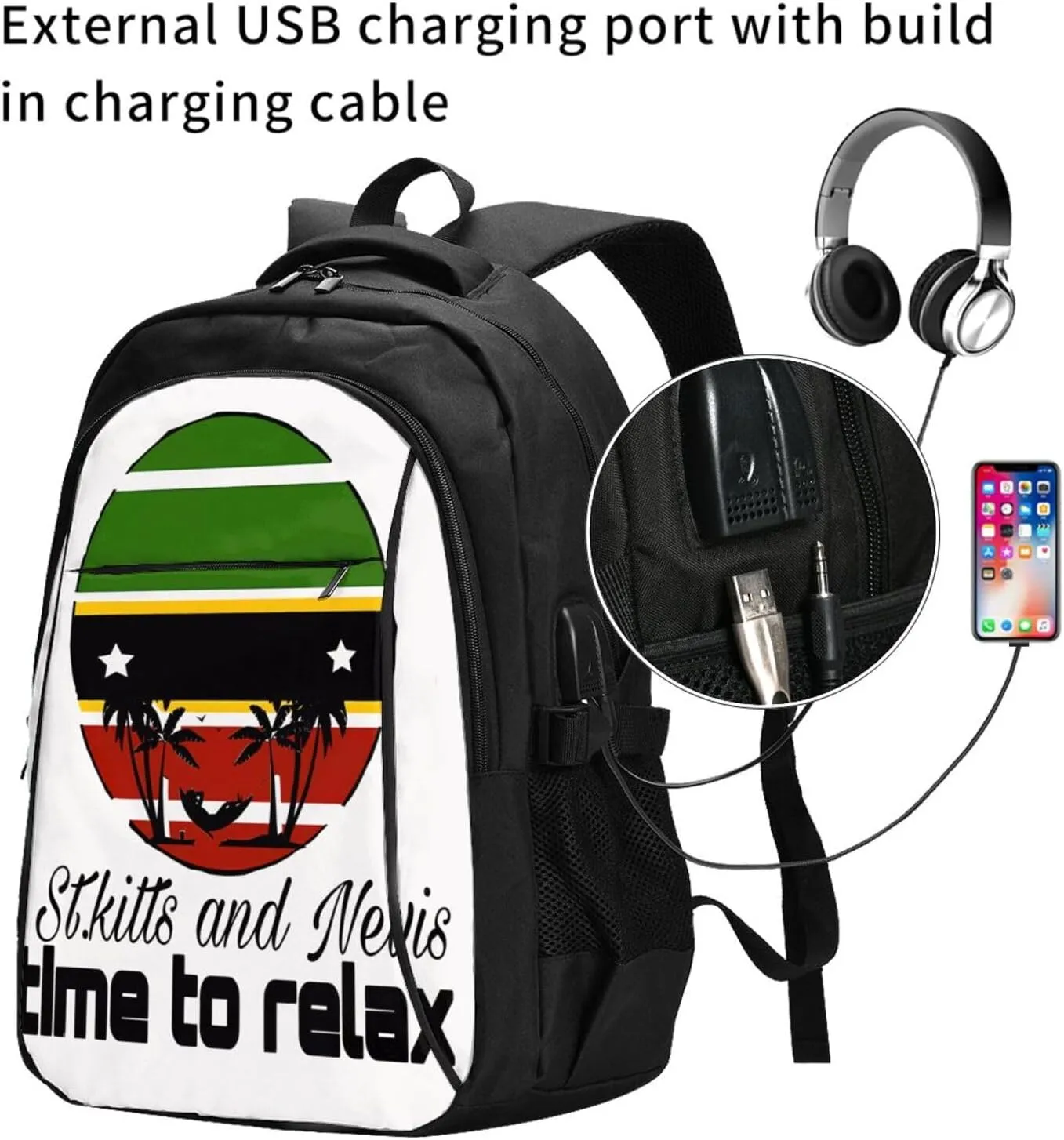 Time to relax in Saint Kitts Flag Business Laptop Backpack Travel Backpacks Outdoor Rucksack Large Bag Daypack with USB Charging Port Multi-Pocket for Hiking Camping