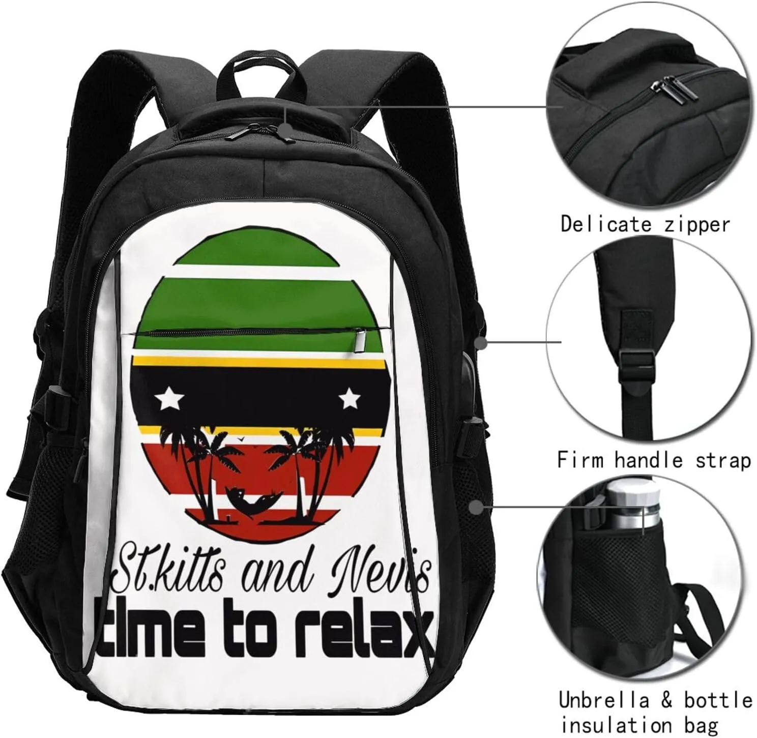 Time to relax in Saint Kitts Flag Business Laptop Backpack Travel Backpacks Outdoor Rucksack Large Bag Daypack with USB Charging Port Multi-Pocket for Hiking Camping