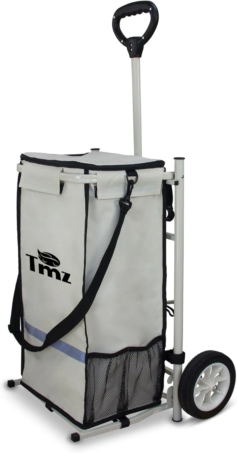 TMZ Heavy-Duty Foldable Shopping Cart with Removable Insulated Bag & Hooks - Lightweight 110 lbs Capacity Grocery Luggage Cart for Market, Travel, Laundry (Beige)