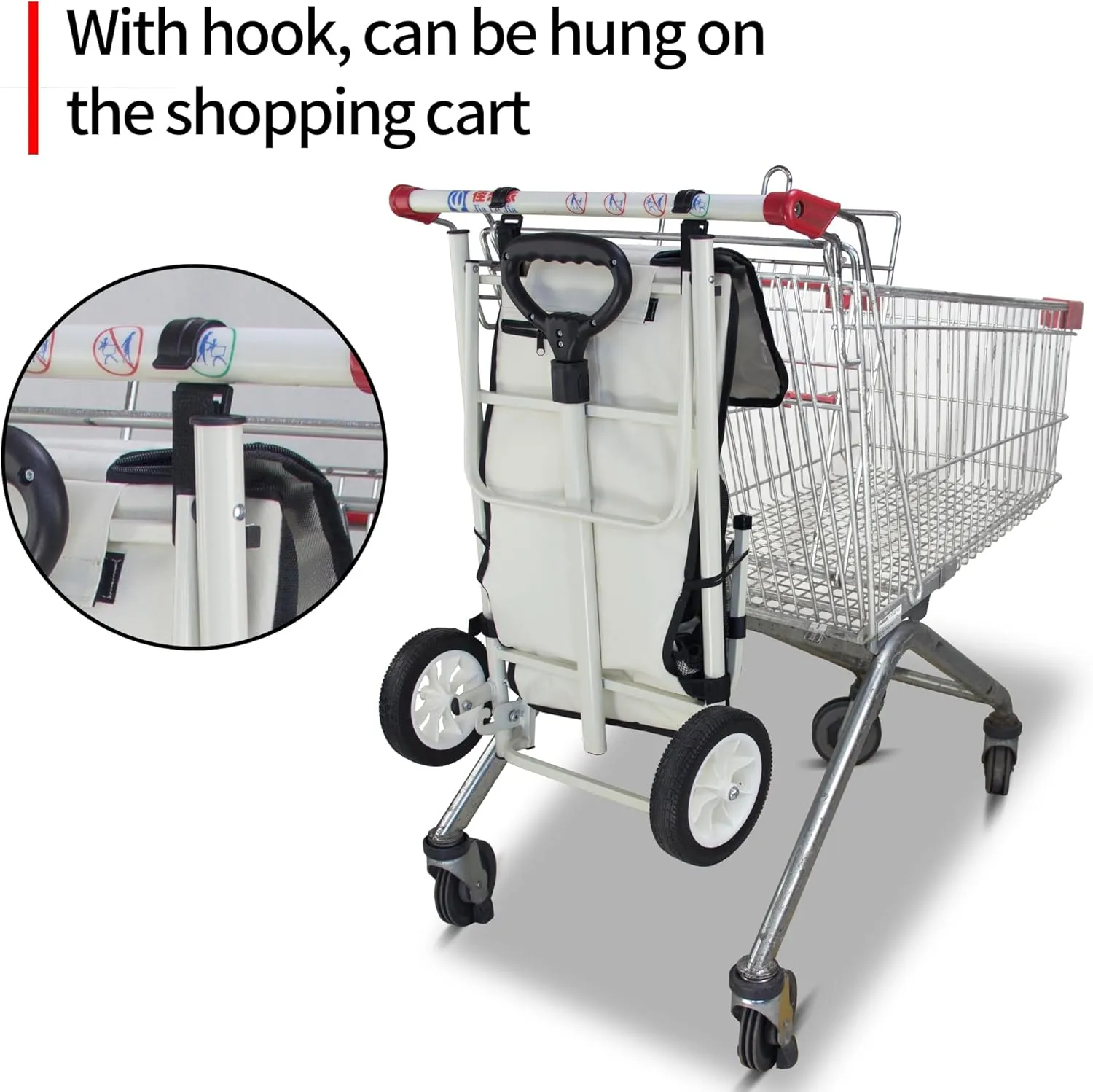 TMZ Heavy-Duty Foldable Shopping Cart with Removable Insulated Bag & Hooks - Lightweight 110 lbs Capacity Grocery Luggage Cart for Market, Travel, Laundry (Beige)