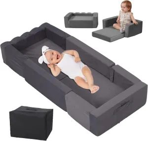 Toddler Travel Bed, Portable Foldable Toddler Bed, Raised Safety Bumpers，Converts to Two Sofas, Removable Washable Chair Cover and Carrying Handle with Storage Bag (Gray)…