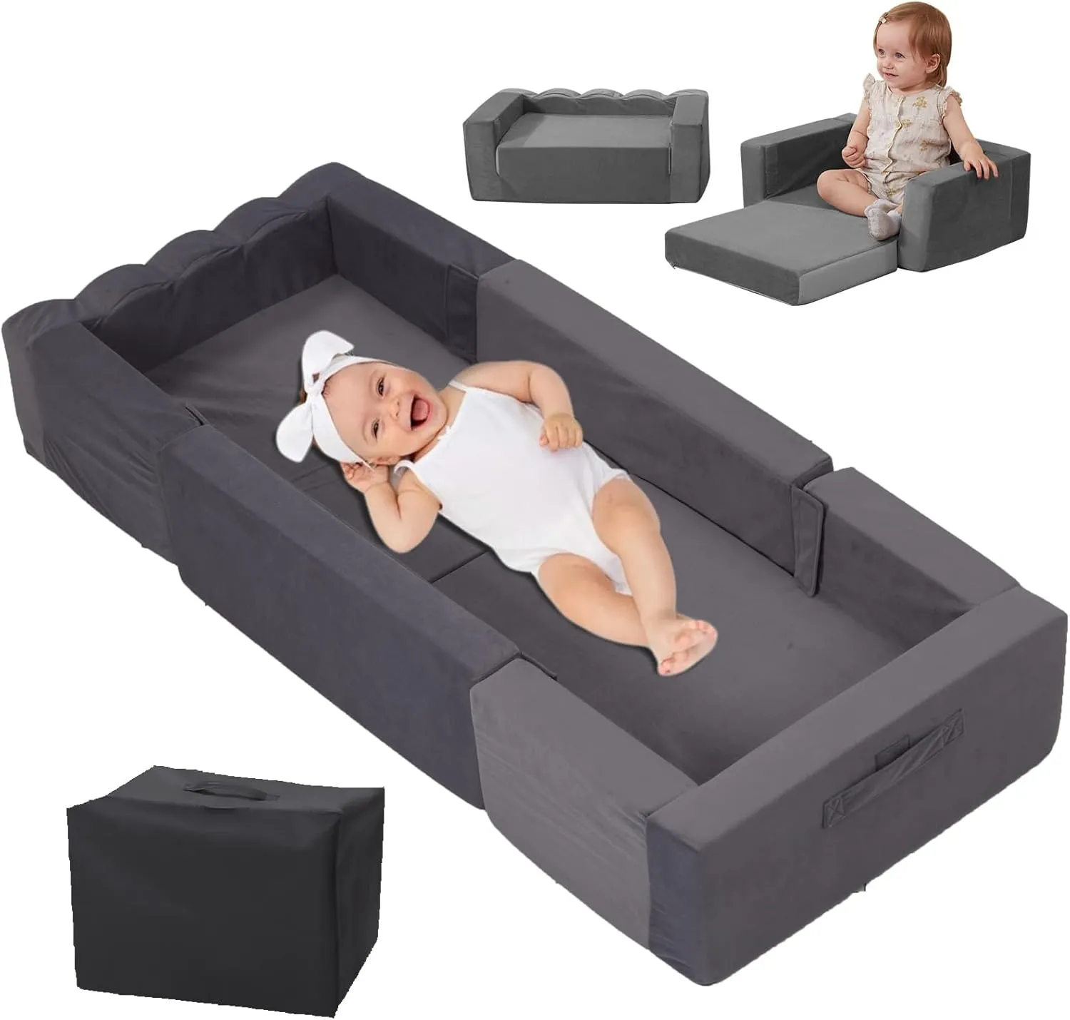 Toddler Travel Bed, Portable Foldable Toddler Bed, Raised Safety Bumpers，Converts to Two Sofas, Removable Washable Chair Cover and Carrying Handle with Storage Bag (Gray)…