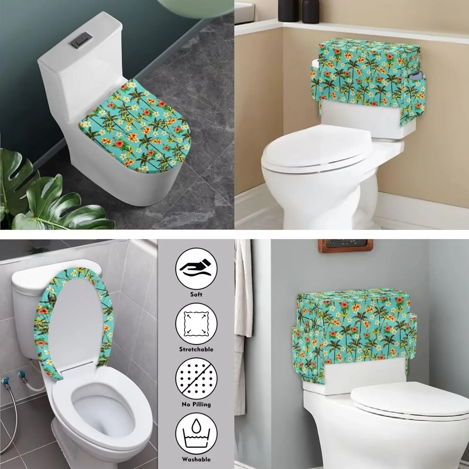 Toilet Lid Cover Set of 2, Standard Toilet Seat Lid Cover with Storage Bags Soft Machine Washable Fits Most Round Elongated Oblong Lids Plumeria Tree