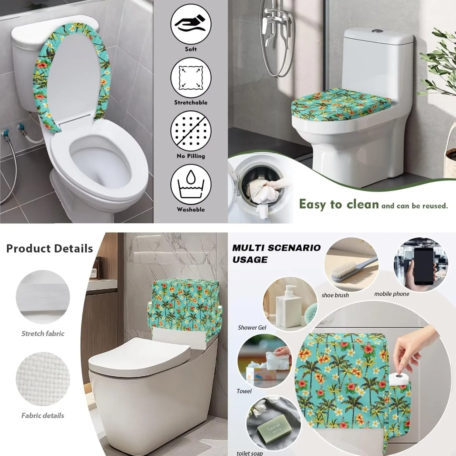 Toilet Lid Cover Set of 2, Standard Toilet Seat Lid Cover with Storage Bags Soft Machine Washable Fits Most Round Elongated Oblong Lids Plumeria Tree