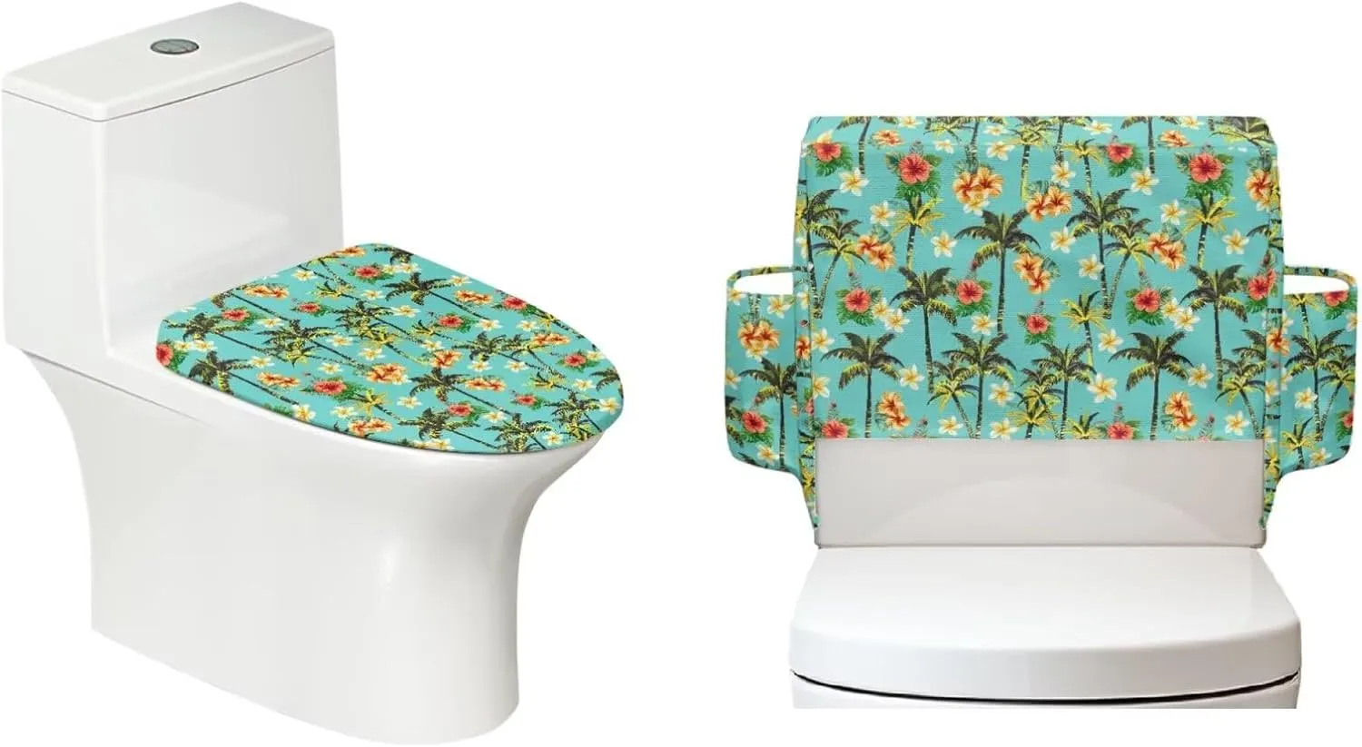 Toilet Lid Cover Set of 2, Standard Toilet Seat Lid Cover with Storage Bags Soft Machine Washable Fits Most Round Elongated Oblong Lids Plumeria Tree