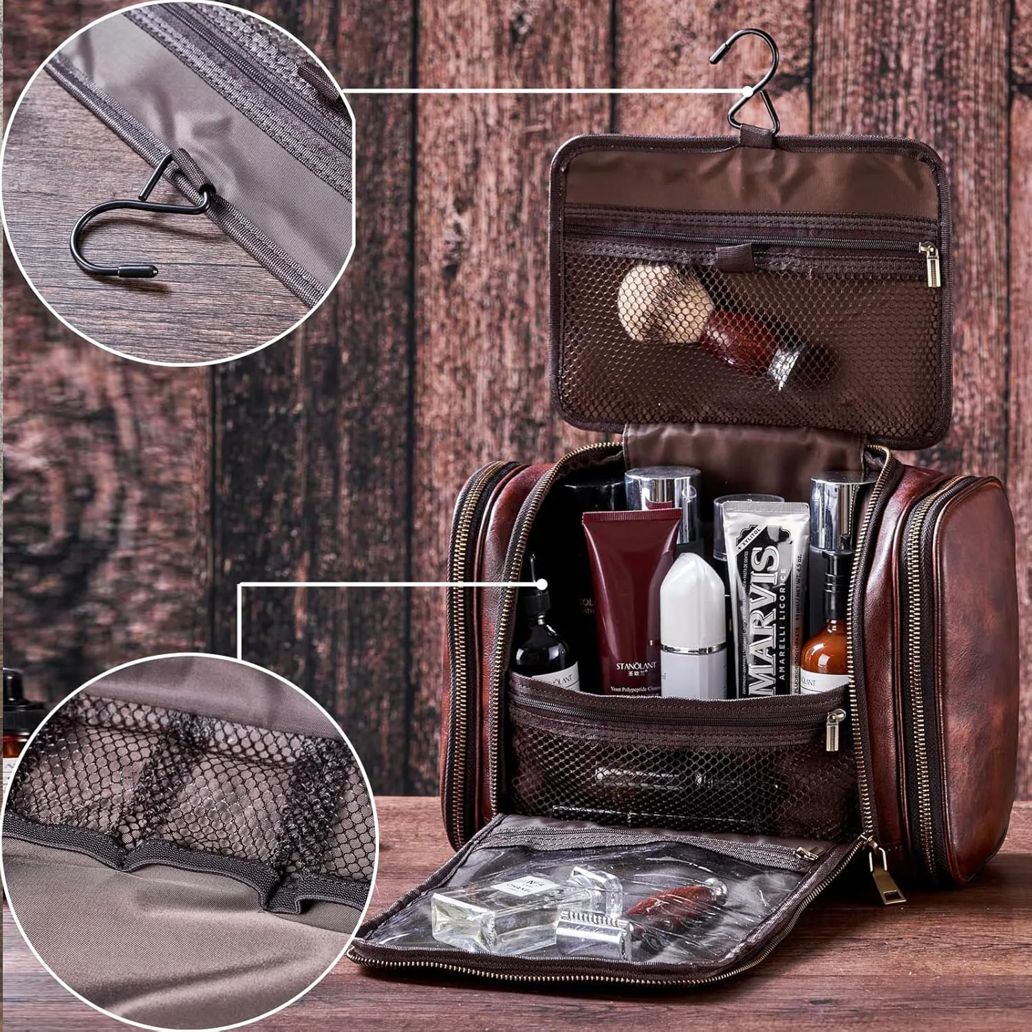 Toiletry Bag For Men, Genuine Leather Toiletries Organizer, Large Travel Hanging Toiletry Bag Water-resistant Bathroom Shaving Kit for Cosmetics, Makeup Case Travel Dopp Kit