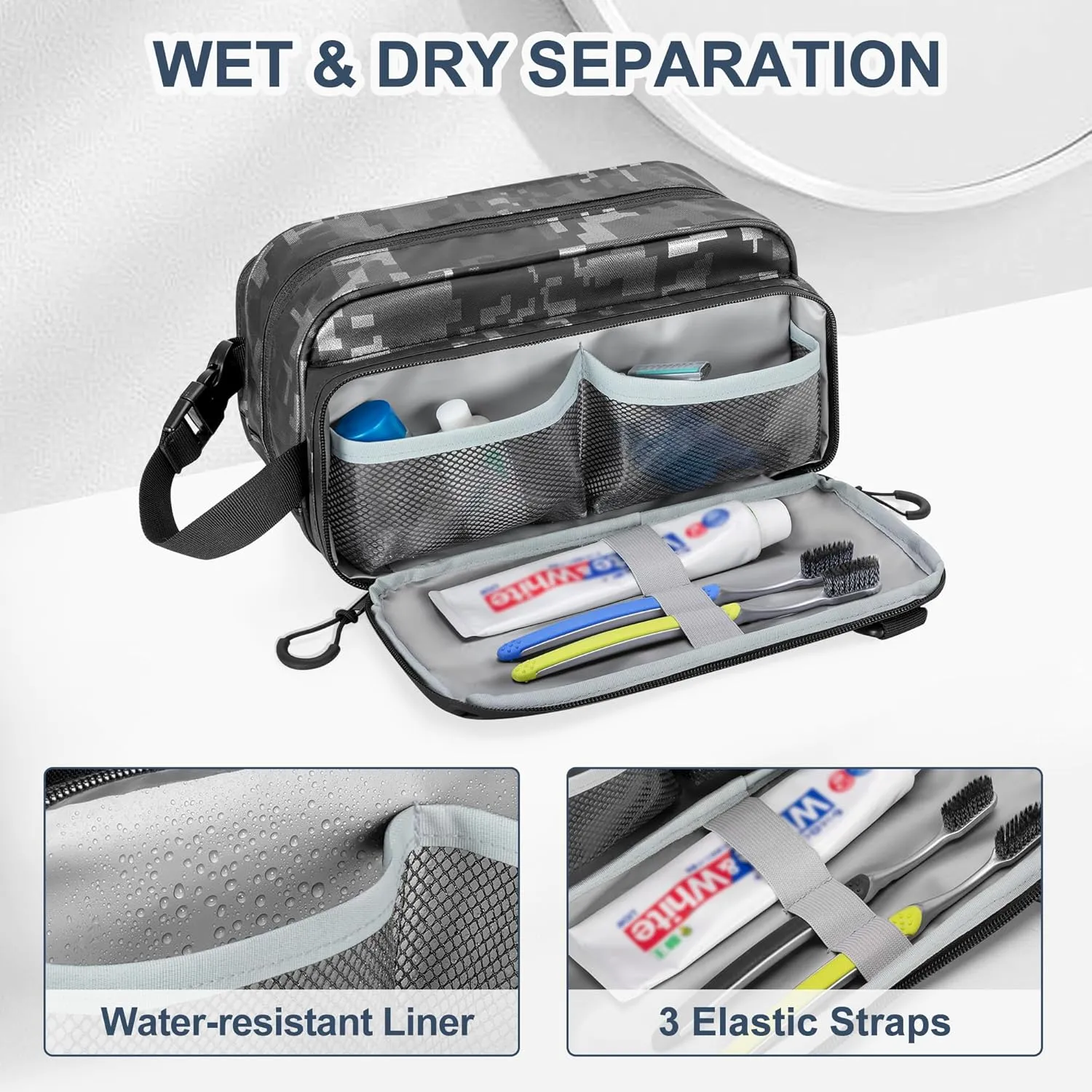 Toiletry Travel Bag for Men Tactical Hygiene Bag, Shaving Kit Toiletries Organizer Dopp Kit with Large Capacity, Black Digital(Empty Bag Only)