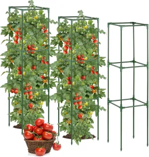 Tomato Cages for Garden - 44" Tall Square Plant Support Pole, Heavy Duty Cucumber Trellis Tower Stakes for Climbing Vegetable Flowers Fruits Raised Garden Bed Grow Bag, 3 Pack