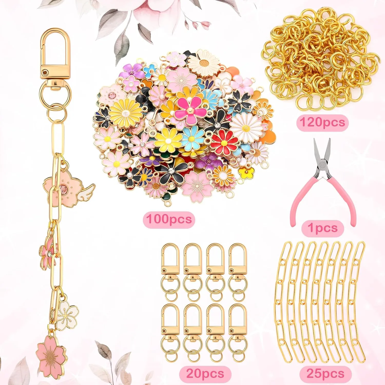 Tondiamo 286 Pieces DIY Keychain Making Kit Charm Jewelry Chain Making Crafts with 120 Charms 20 Keychain Clips 120 Jump Rings 25 Extender Chain and Plier for Women Bag Gift(Flower)