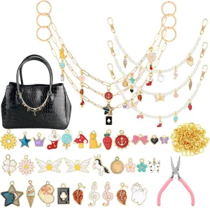 Tondiamo 67 Pcs Charm Bag Chain Making Kit DIY Decorative Purse Chains with Colored Enamel Pendant, Pearl Chains, Jump Rings and Pliers for Women Crossbody Accessories and Craft Gift Jewelry Making