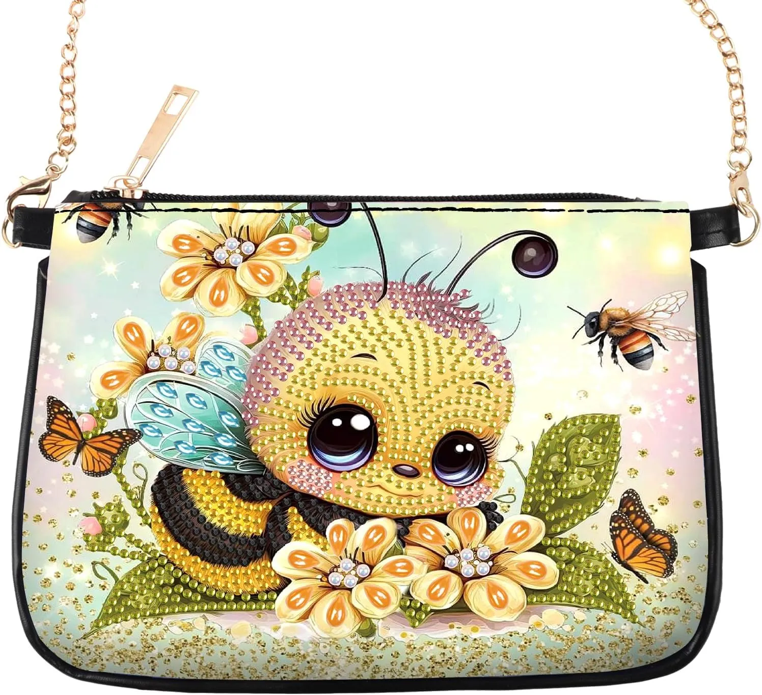 Tontut 5D DIY Diamond Art Painting Crossbody Bag with Chain, Little Bee Diamond Artwork Set, Cosmetic Bag, Shoulder Zipper Bag, Can be Used as a Gift to Friends