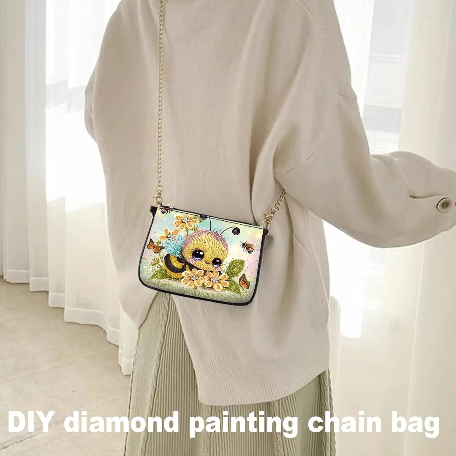 Tontut 5D DIY Diamond Art Painting Crossbody Bag with Chain, Little Bee Diamond Artwork Set, Cosmetic Bag, Shoulder Zipper Bag, Can be Used as a Gift to Friends