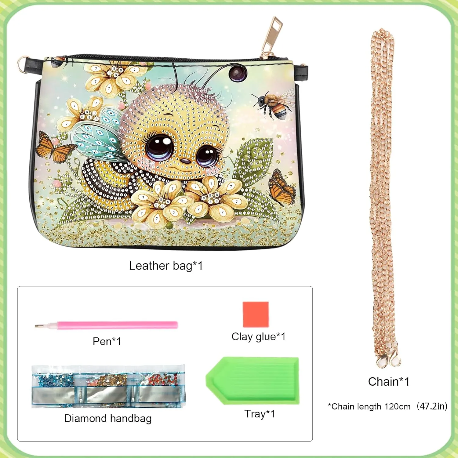 Tontut 5D DIY Diamond Art Painting Crossbody Bag with Chain, Little Bee Diamond Artwork Set, Cosmetic Bag, Shoulder Zipper Bag, Can be Used as a Gift to Friends