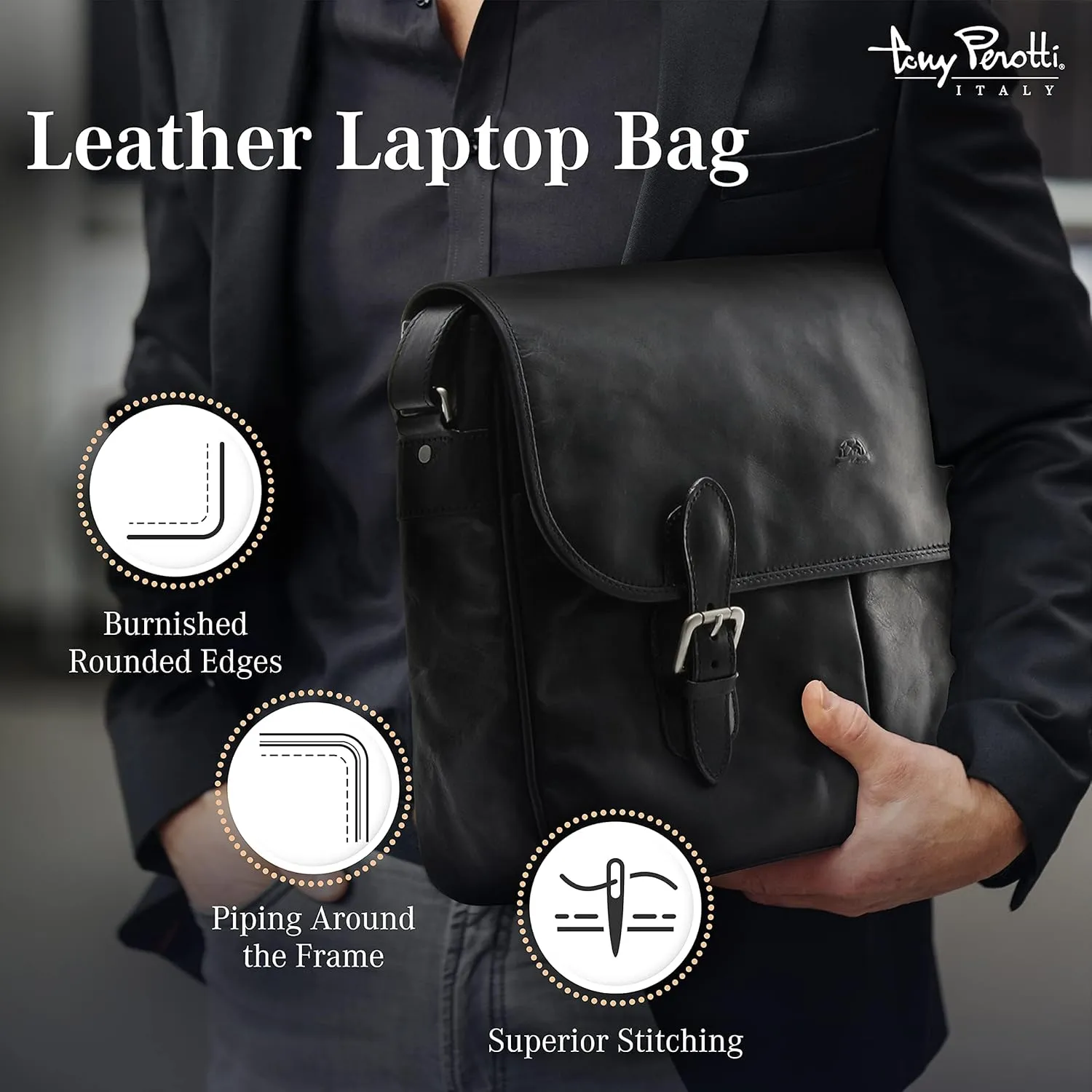 Tony Perotti Lorenzo 14.5" Italian Leather Laptop Bag for Men - Leather Computer Briefcase Saddleback Messenger Bag